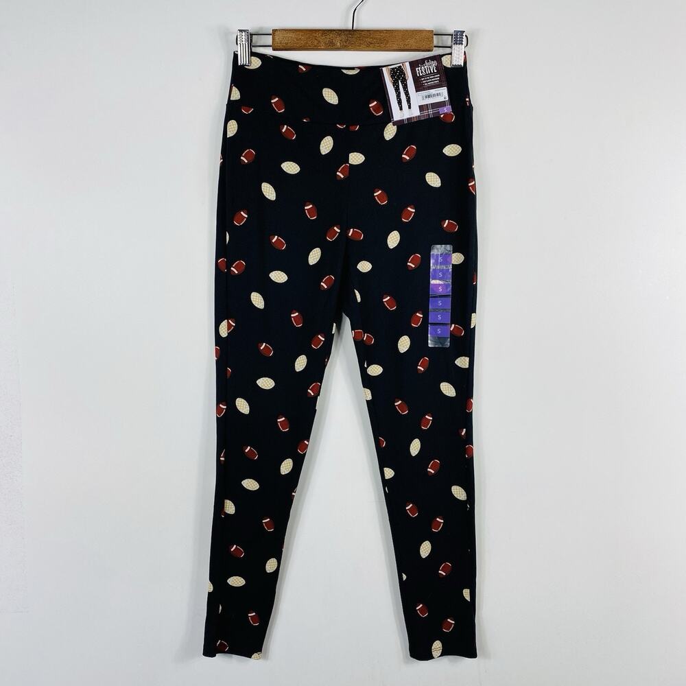 Feeling Festive Leggings Small Black Footballs Sports
